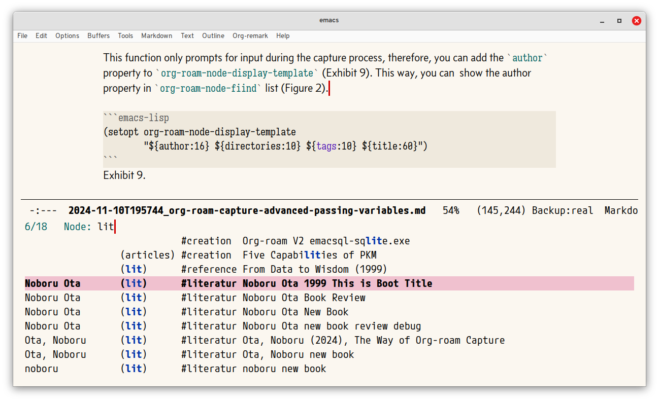 Figure 2. org-roam-node-find showing the author property